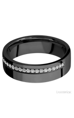 7 mm wide/Flat/Zirconium band with a Off Center Half Eternity arrangement of .015 carat Round Diamond stones in a Bead setting.