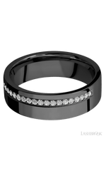 7 mm wide/Flat/Zirconium band with a Off Center Half Eternity arrangement of .015 carat Round Diamond stones in a Bead setting.