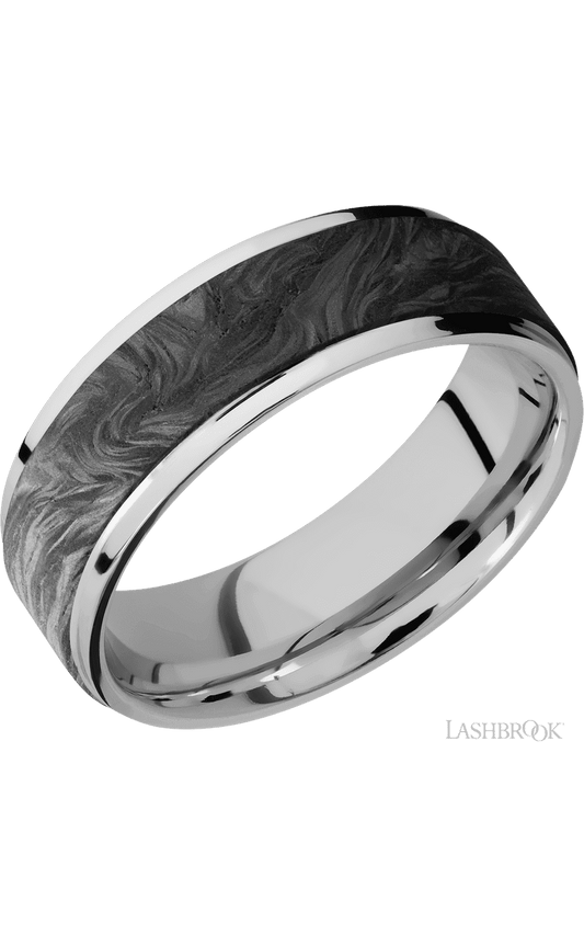 7 mm wide/Flat Grooved Edges/Cobalt Chrome band with one 5 mm Raised Centered inlay of Forged Carbon Fiber.