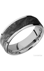 7 mm wide/Flat Grooved Edges/Cobalt Chrome band with one 5 mm Raised Centered inlay of Forged Carbon Fiber.