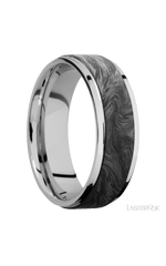 7 mm wide/Flat Grooved Edges/Cobalt Chrome band with one 5 mm Raised Centered inlay of Forged Carbon Fiber.