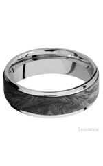 7 mm wide/Flat Grooved Edges/Cobalt Chrome band with one 5 mm Raised Centered inlay of Forged Carbon Fiber.