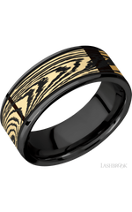 8 mm wide/Flat/Zirconium band with one 6 mm Centered inlay of 14K Yellow Gold with a laser carved Woodgrain pattern.
