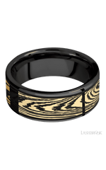 8 mm wide/Flat/Zirconium band with one 6 mm Centered inlay of 14K Yellow Gold with a laser carved Woodgrain pattern.