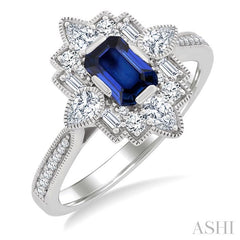ASHI Emerald Shape Art Deco Gemstone & Diamond Fashion Ring 41893PPFGSPWG