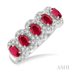 ASHI Oval Shape 5 Gemstone & Halo Diamond Wedding Band 46585PPFGRBWG