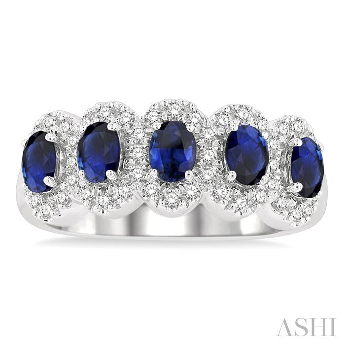 ASHI Oval Shape 5 Gemstone & Halo Diamond Wedding Band 46585PPFGSPWG