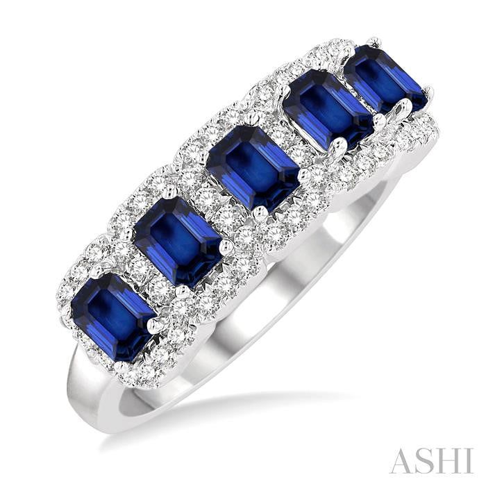 ASHI Emerald Shape 5 Gemstone & Halo Diamond Wedding Band 46593PPFGSPWG