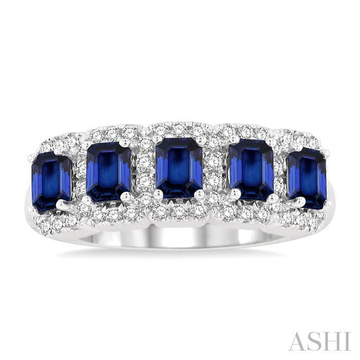 ASHI Emerald Shape 5 Gemstone & Halo Diamond Wedding Band 46593PPFGSPWG