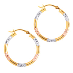 Tri-color Gold Diamond Cut/ Textured Fancy Hoops Earring