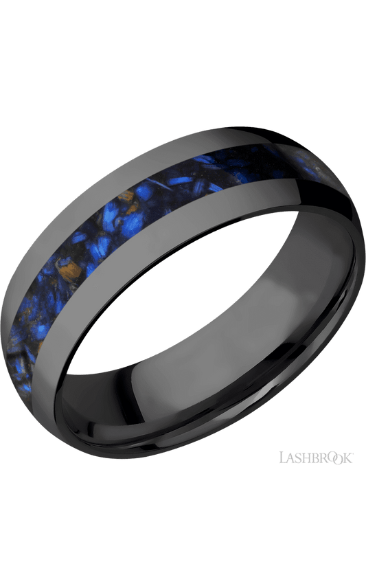 7 mm wide/Domed/Zirconium band with one 3 mm Centered inlay of Blue Tiger Eye.