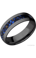 7 mm wide/Domed/Zirconium band with one 3 mm Centered inlay of Blue Tiger Eye.