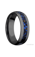 7 mm wide/Domed/Zirconium band with one 3 mm Centered inlay of Blue Tiger Eye.