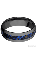 7 mm wide/Domed/Zirconium band with one 3 mm Centered inlay of Blue Tiger Eye.
