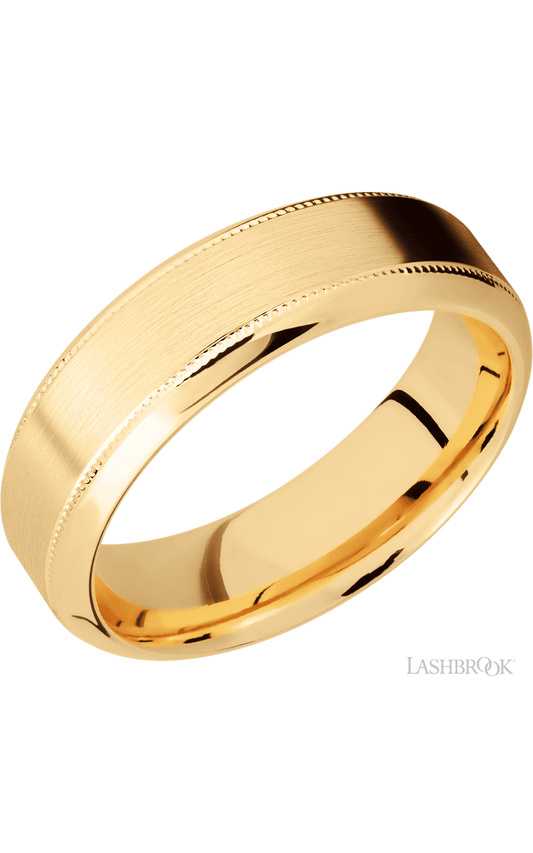 7 mm wide High Bevel Milgrain 14K Yellow Gold band.