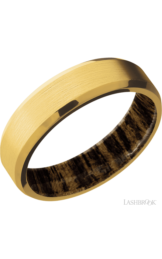 6 mm wide Beveled 18K Yellow Gold band featuring a Bocote sleeve.
