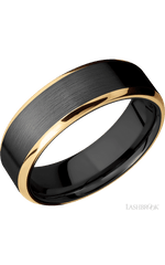 7 mm wide/Beveled/Zirconium band with two 1 mm Edge inlays of 14K Yellow Gold.