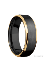 7 mm wide/Beveled/Zirconium band with two 1 mm Edge inlays of 14K Yellow Gold.