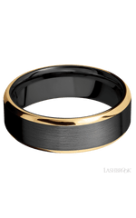 7 mm wide/Beveled/Zirconium band with two 1 mm Edge inlays of 14K Yellow Gold.