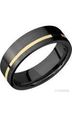 7 mm wide/Flat/Zirconium band with one 1 mm Off Center inlay of 14K Yellow Gold.