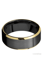 8 mm wide/Beveled/Zirconium band with two 1 mm Edge inlays of 14K Yellow Gold.
