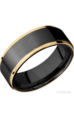 8 mm wide/Flat Grooved Edges/Zirconium band with two 1 mm Edge inlays of 14K Yellow Gold.