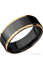 8 mm wide/Flat Grooved Edges/Zirconium band with two 1 mm Edge inlays of 14K Yellow Gold.