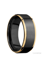 8 mm wide/Flat Grooved Edges/Zirconium band with two 1 mm Edge inlays of 14K Yellow Gold.