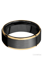 8 mm wide/Flat Grooved Edges/Zirconium band with two 1 mm Edge inlays of 14K Yellow Gold.