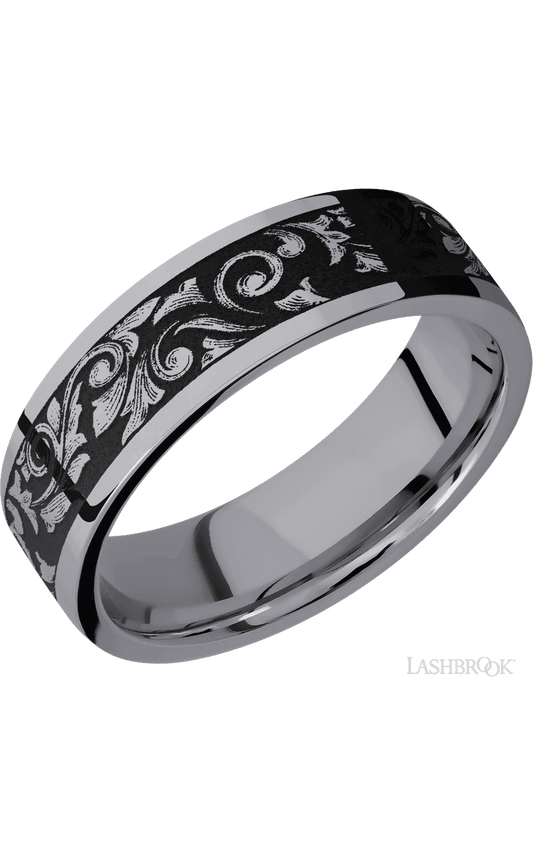 7 mm wide/Flat/Tantalum band with a laser carved Western Scroll pattern.