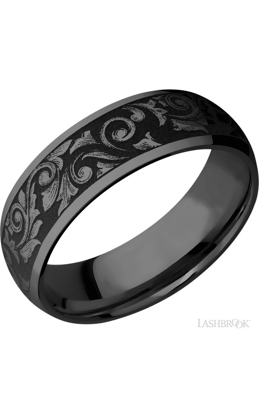 7 mm wide/Domed/Zirconium band with a laser carved Western Scroll pattern.
