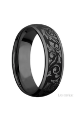 7 mm wide/Domed/Zirconium band with a laser carved Western Scroll pattern.