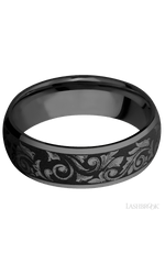 7 mm wide/Domed/Zirconium band with a laser carved Western Scroll pattern.