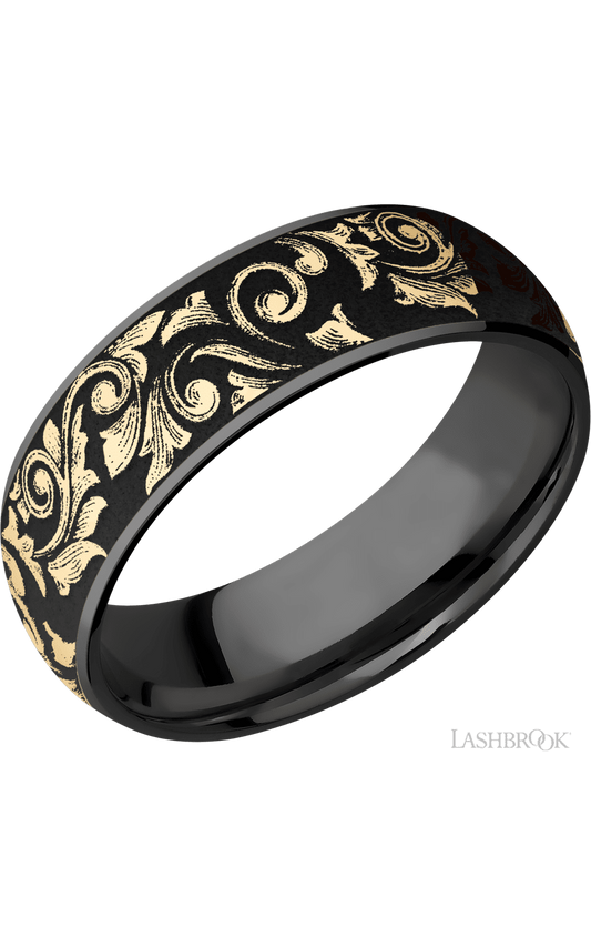 7 mm wide/Domed/Zirconium band with one 6 mm Centered inlay of 14K Yellow Gold with a laser carved Western Scroll pattern.