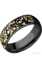 7 mm wide/Domed/Zirconium band with one 6 mm Centered inlay of 14K Yellow Gold with a laser carved Western Scroll pattern.