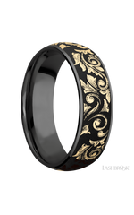 7 mm wide/Domed/Zirconium band with one 6 mm Centered inlay of 14K Yellow Gold with a laser carved Western Scroll pattern.