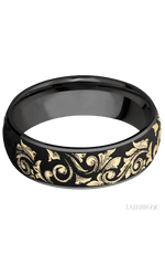 7 mm wide/Domed/Zirconium band with one 6 mm Centered inlay of 14K Yellow Gold with a laser carved Western Scroll pattern.