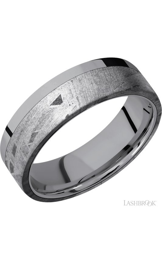 7 mm wide/Flat/Tantalum band with one 5 mm Off Center Edge inlay of Meteorite.