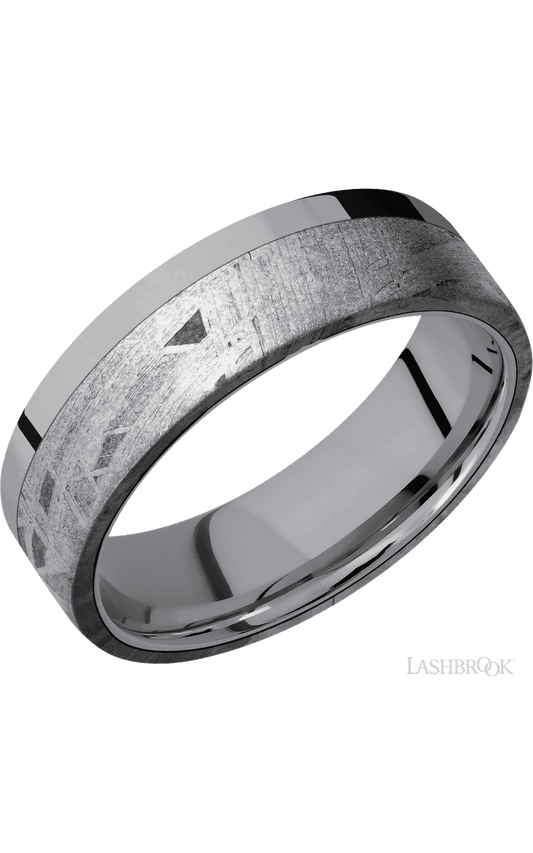 7 mm wide/Flat/Tantalum band with one 5 mm Off Center Edge inlay of Meteorite.
