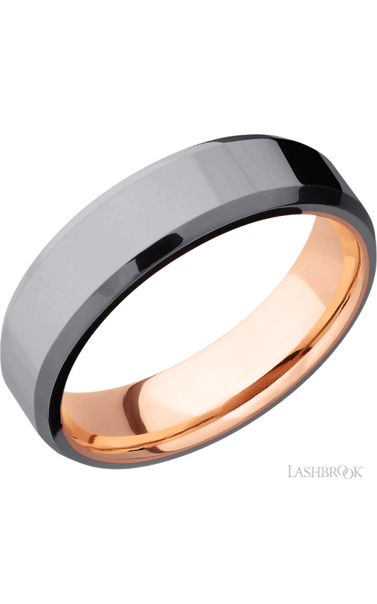 6 mm wide Beveled Tantalum band featuring a 14K Rose Gold sleeve.