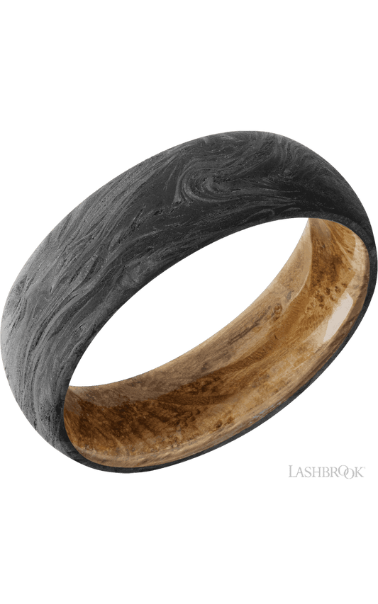 7 mm wide Domed Forged Carbon Fiber band featuring a Whiskey Barrel sleeve.