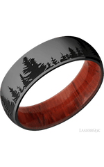 7 mm wide/Domed/Zirconium band with a laser carved Trees pattern also featuring a Padauk sleeve.