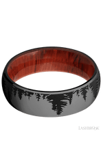 7 mm wide/Domed/Zirconium band with a laser carved Trees pattern also featuring a Padauk sleeve.