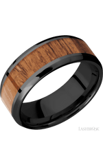 8 mm wide/Beveled/Zirconium band with one 5 mm Centered inlay of Desert Iron Wood.