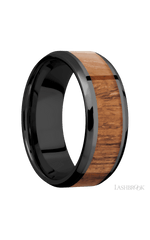 8 mm wide/Beveled/Zirconium band with one 5 mm Centered inlay of Desert Iron Wood.