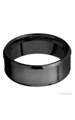 8 mm wide/Beveled/Zirconium band with one 5 mm Centered inlay of Desert Iron Wood.