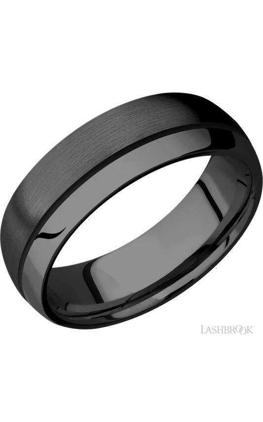 7 mm wide/Domed/Zirconium band with one 0.5 mm Off Center inlay of Black.