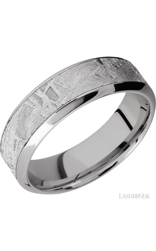7 mm wide/High Bevel/18K White Gold band with one 4 mm Centered inlay of Meteorite.