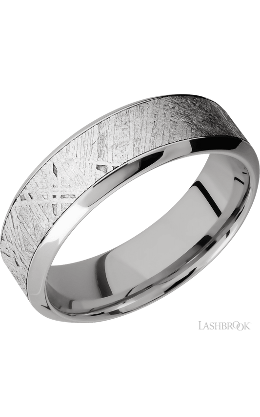 7 mm wide/High Bevel/18K White Gold band with one 4 mm Centered inlay of Meteorite.