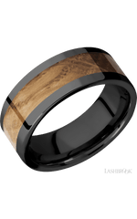 8 mm wide/Flat/Zirconium band with one 5 mm Centered inlay of Whiskey Barrel.
